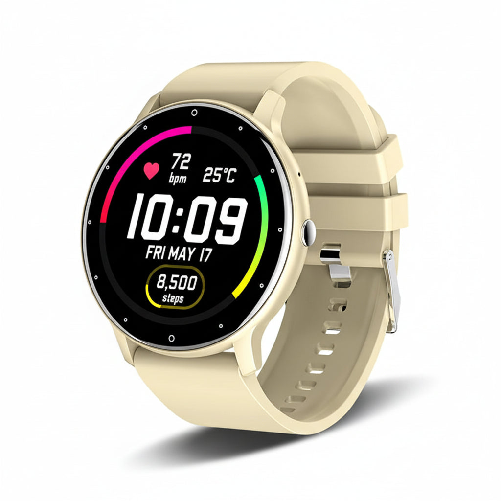 Beige smartwatch with a digital display on a white background