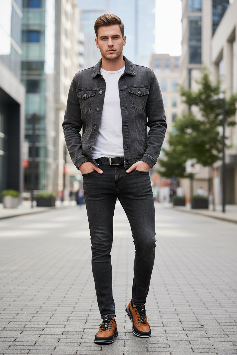 Brown leather shoe with black accents on a gray background