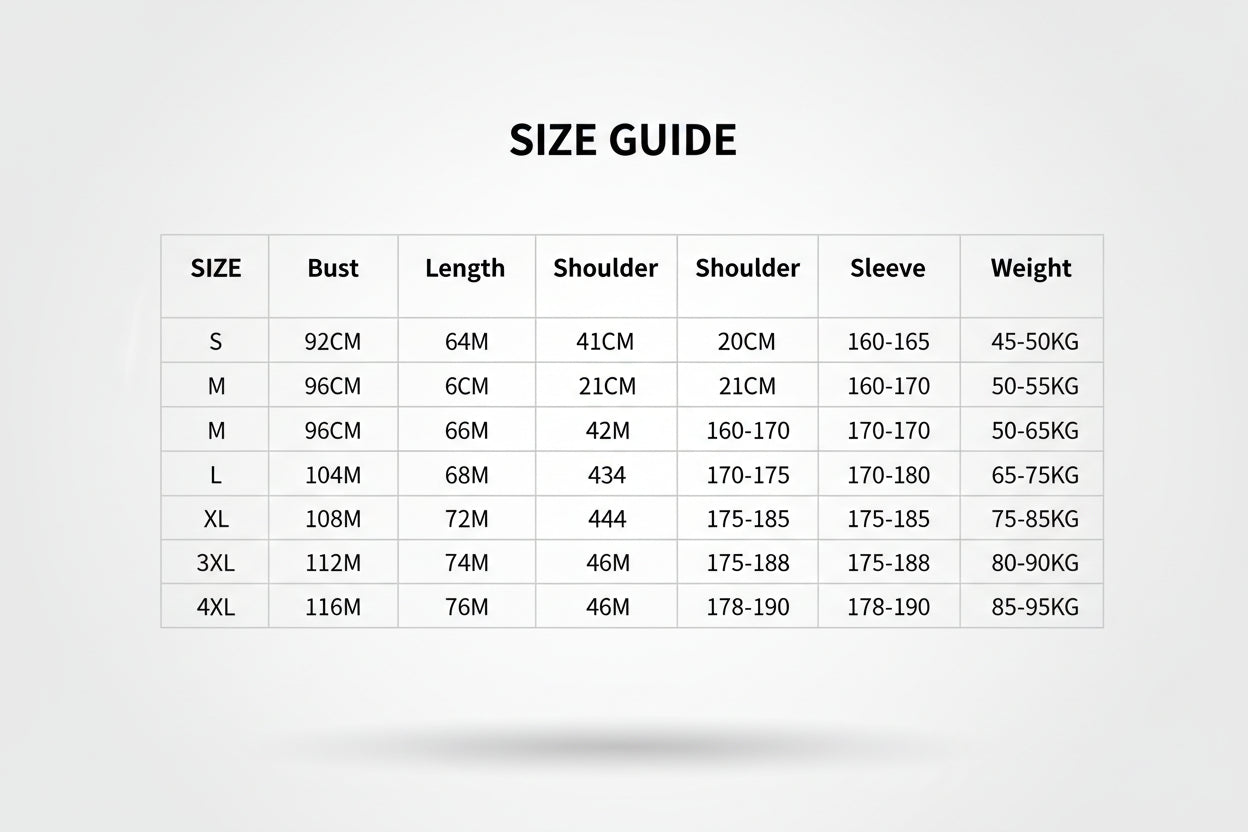 Size chart for clothing measurements on a white background