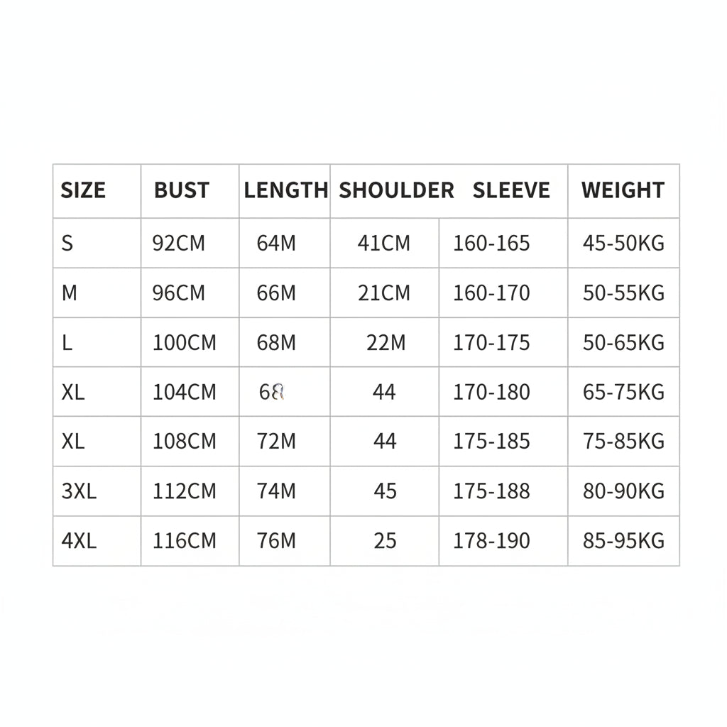 Size chart for clothing measurements on a white background