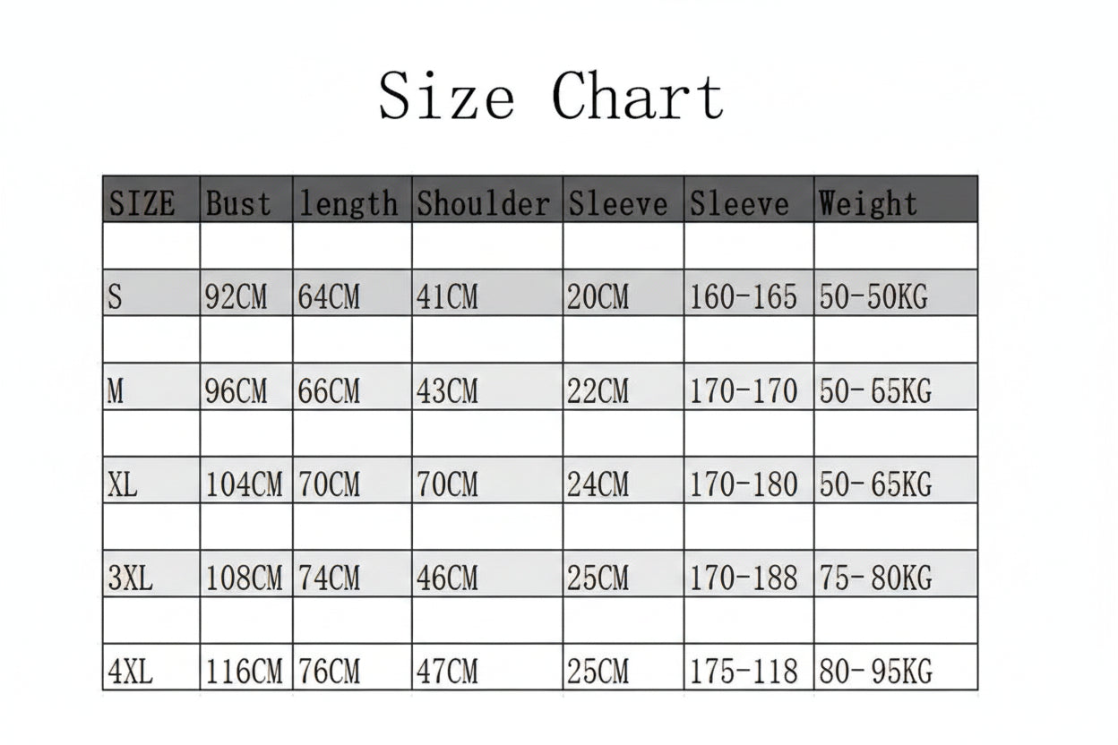 Size chart for clothing measurements on a white background
