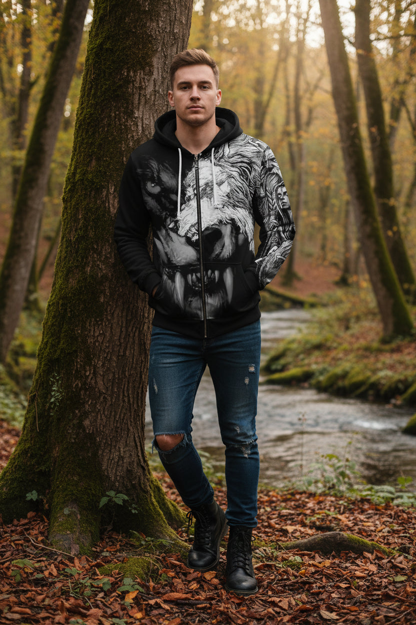 Black hoodie with a graphic design of a lion and wolf融合, featuring a warrior and tribal elements.