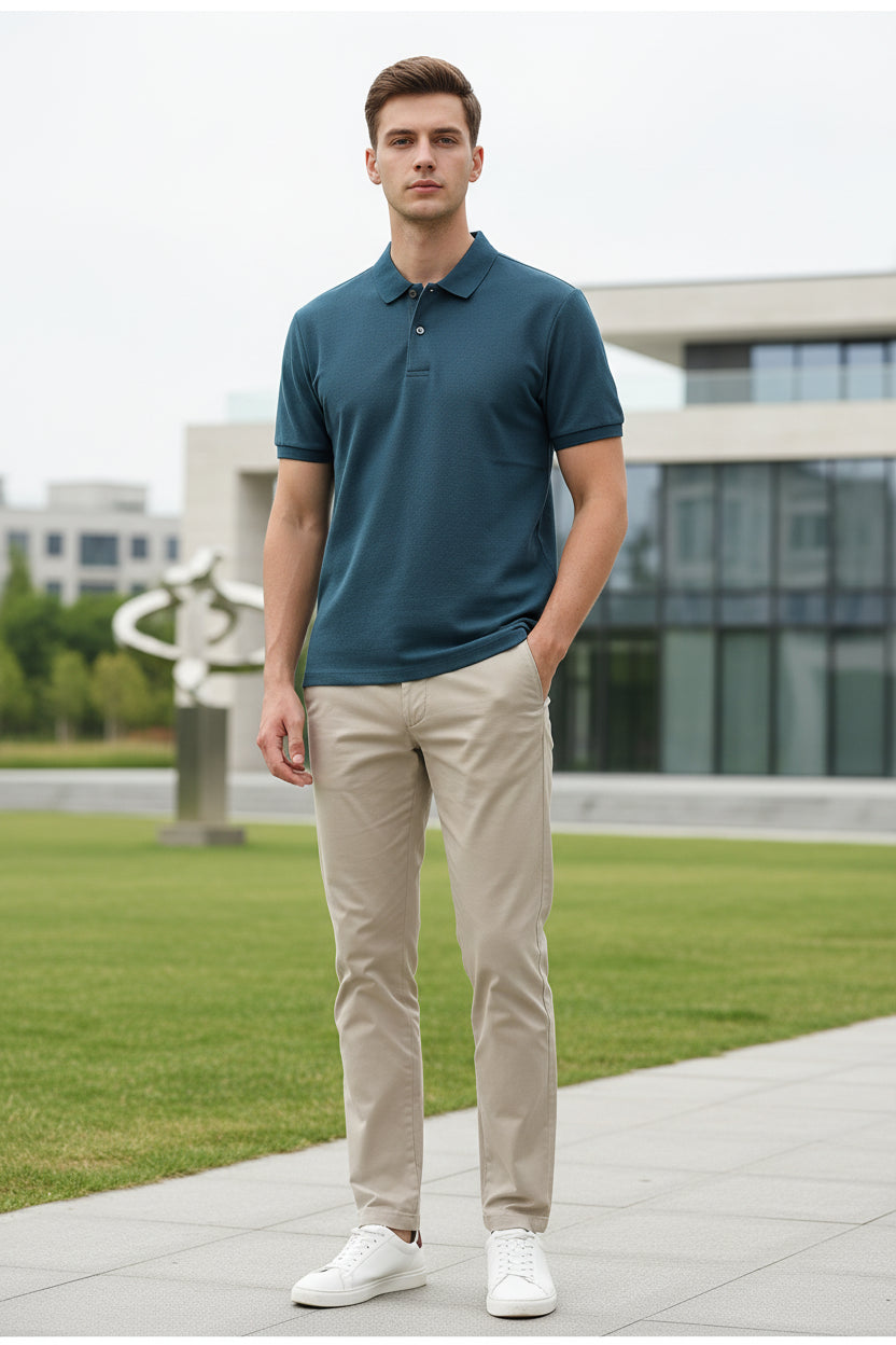 Blue polo shirt on a hanger with a hand holding it, against a blurred indoor background.