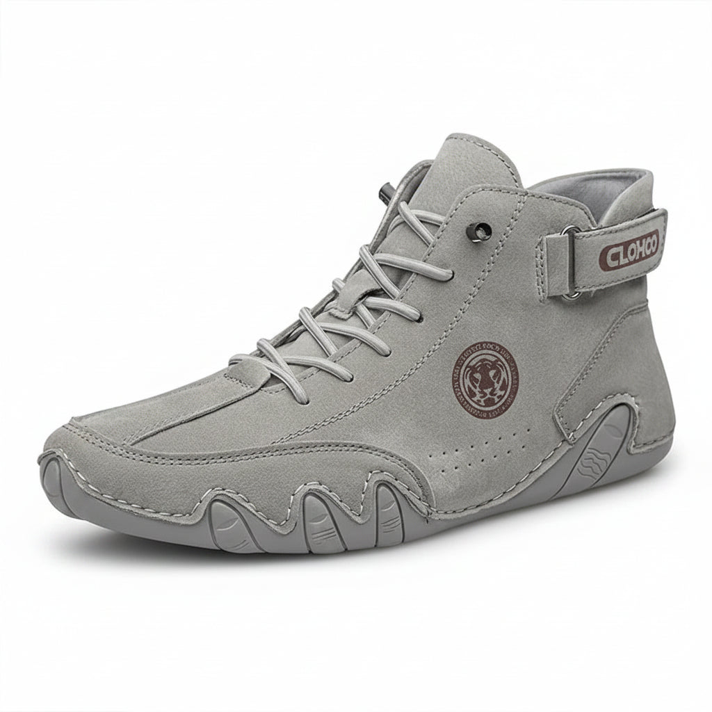 Gray high-top sneaker with brand logo on a white background