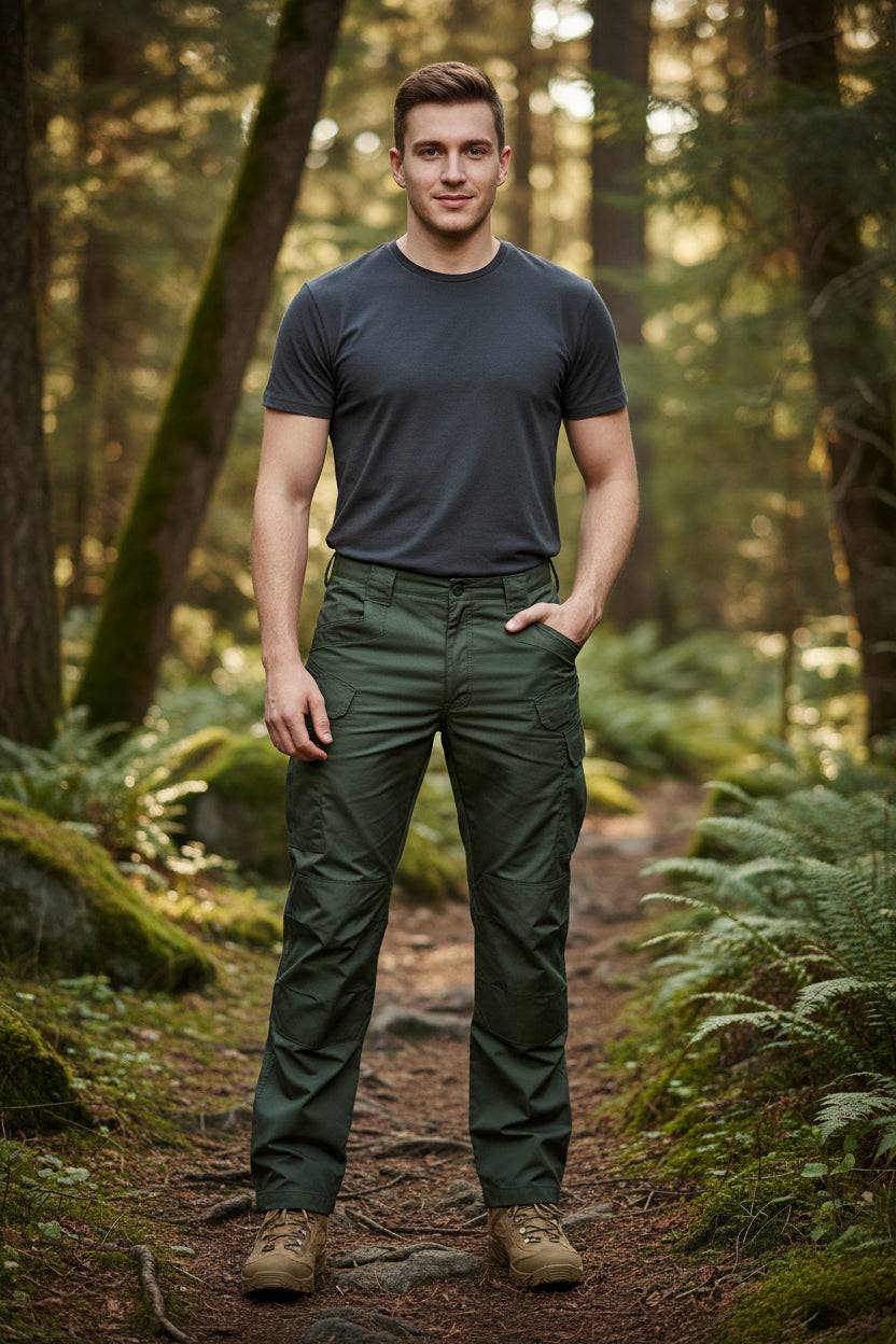 Green pants displayed on a white background with a beige cap and text indicating no elasticity.