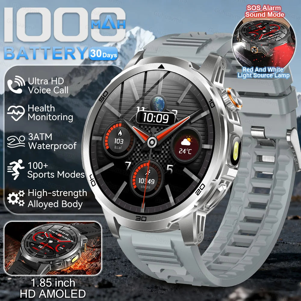 Smartwatch with features highlighted on a mountainous background