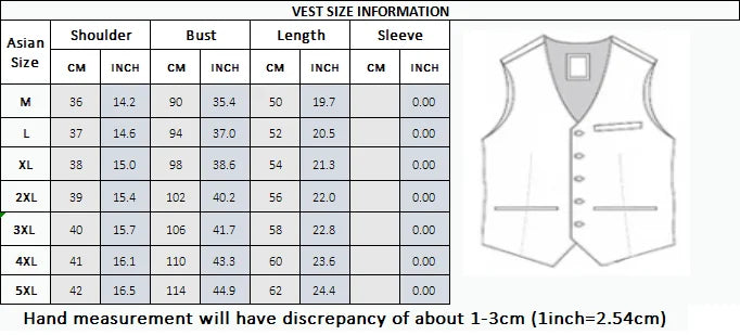Vest size chart with measurements in centimeters and inches, and a vest illustration.
