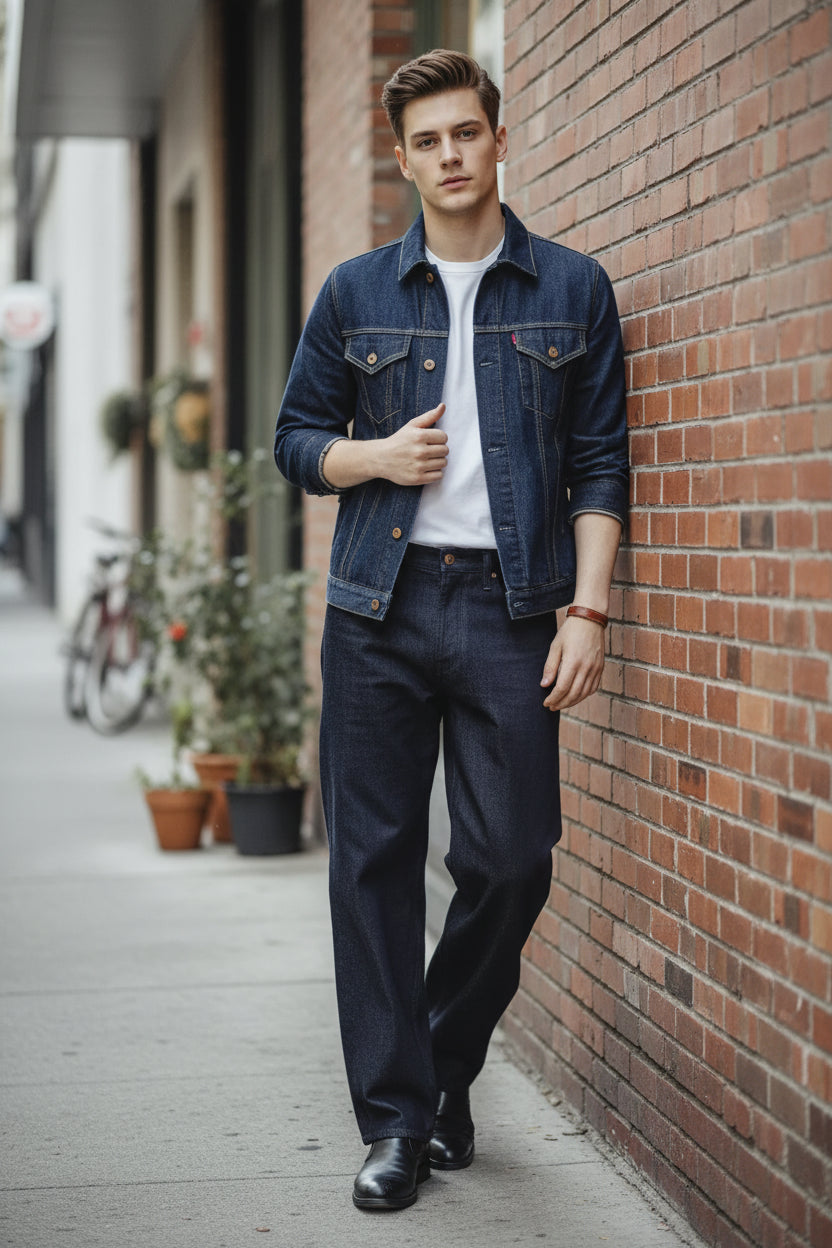 Person wearing a denim jacket and pants sitting on a wooden bench.
