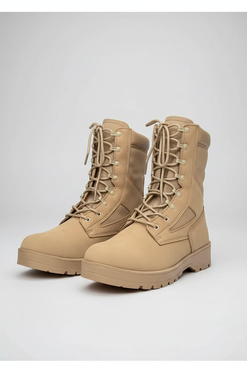 Tan boots with a wear-resistant outsole on a mountainous background