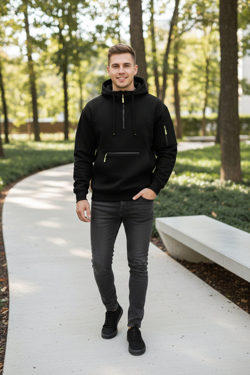 Black hoodie with yellow zippers on a white background