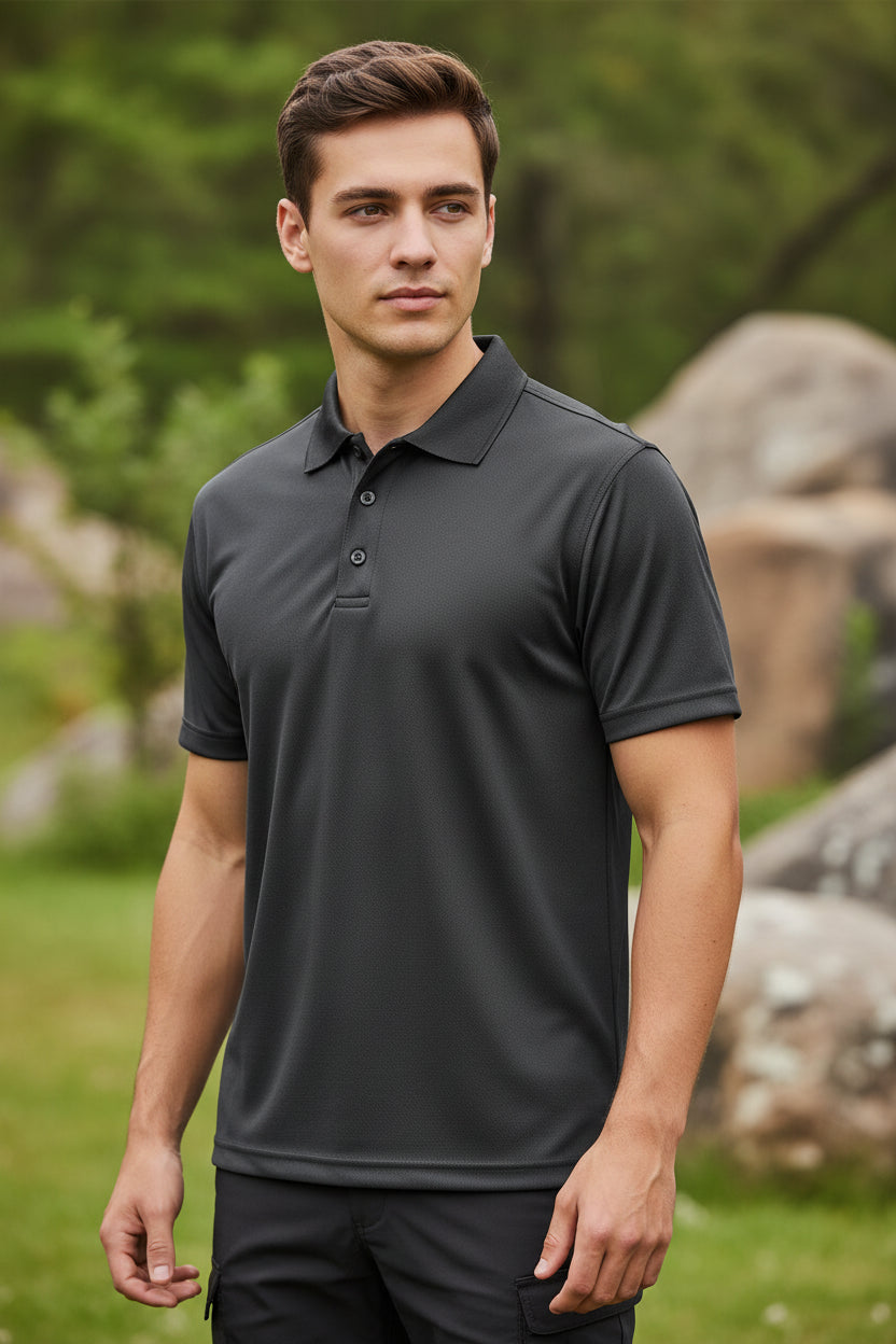 Dark gray polo shirt with a pocket on a white background