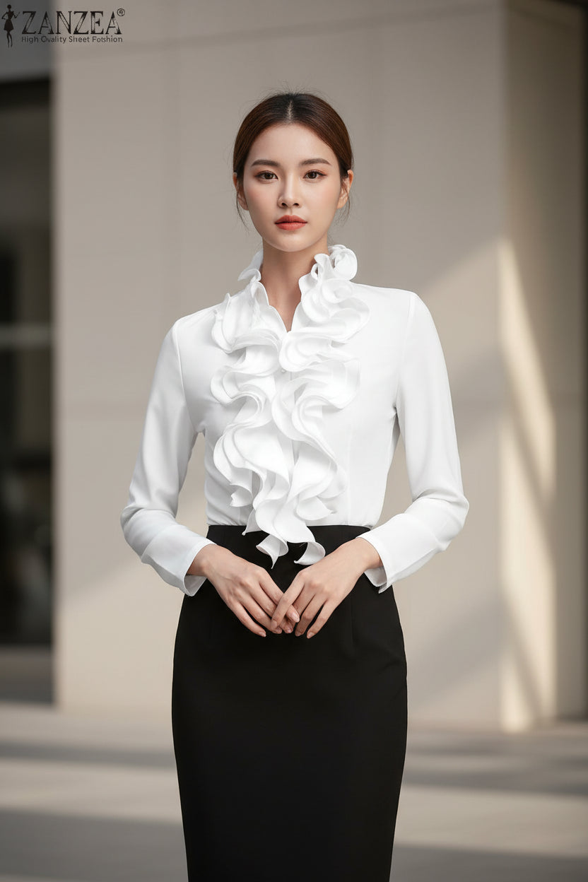 White blouse with ruffled details on a plain background