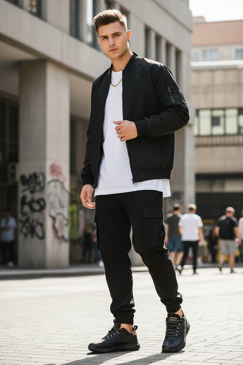 Pair of black sneakers with yellow accents on a beige background
