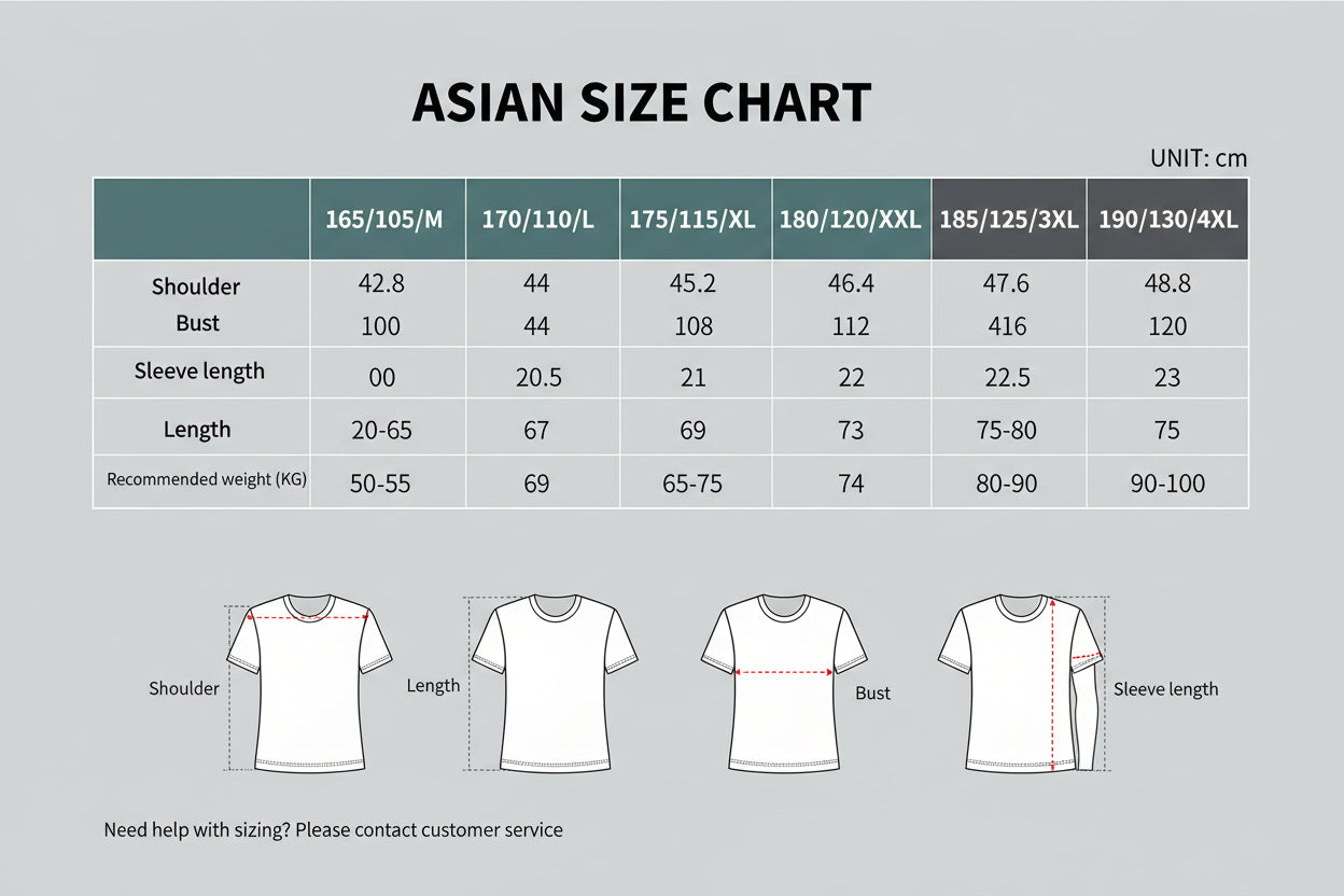 Asian size chart for clothing with measurements and weight recommendations.
