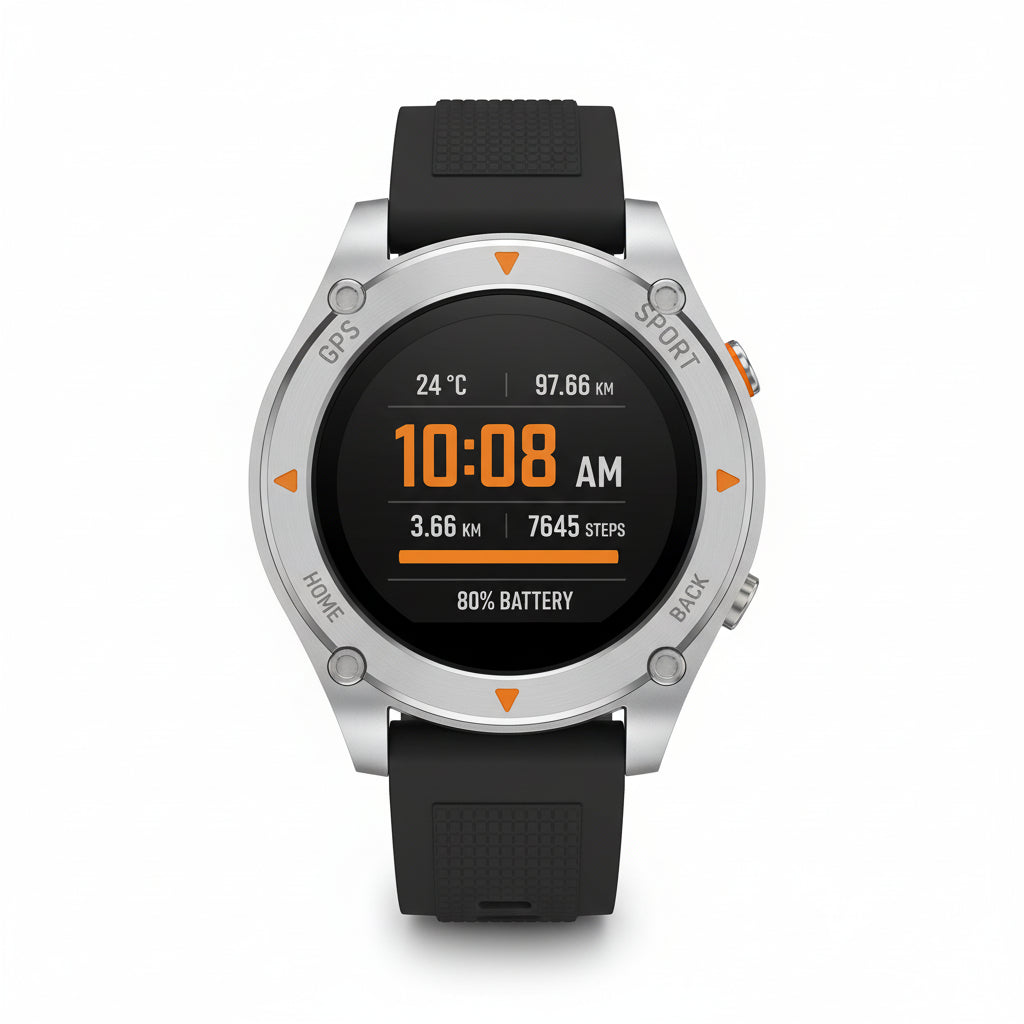 Smartwatch with customizable watch face, battery life details, and charging time on a blue and green gradient background.