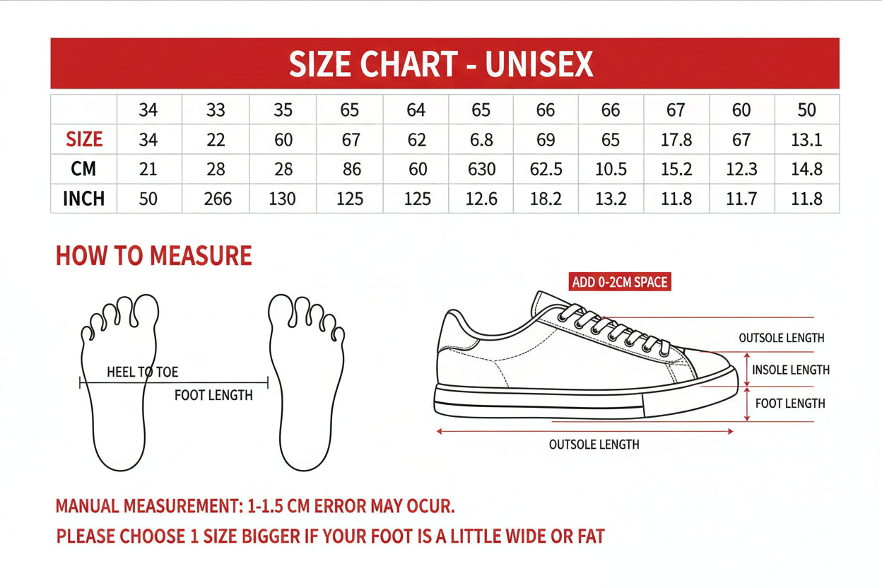 Foot measurement chart for Yang Hui Unisex shoes with size chart and foot length guide.