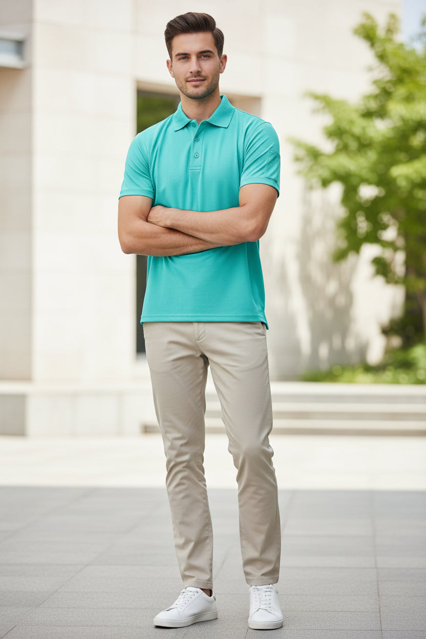 Turquoise polo shirt on a white background