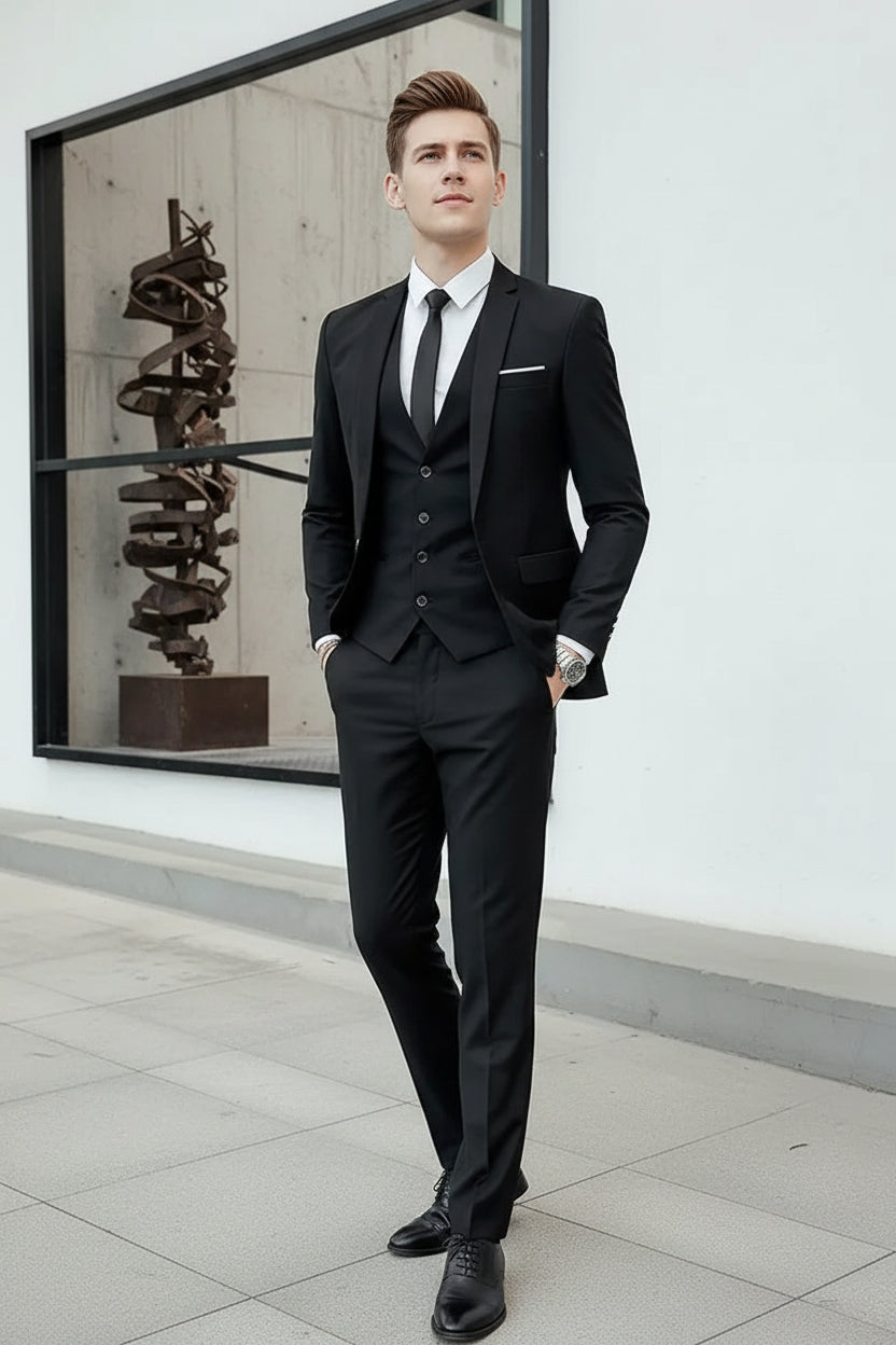 Men's Slim-Fit Wedding Suit Set (Blazer + Vest + Pants) - Solid Color
