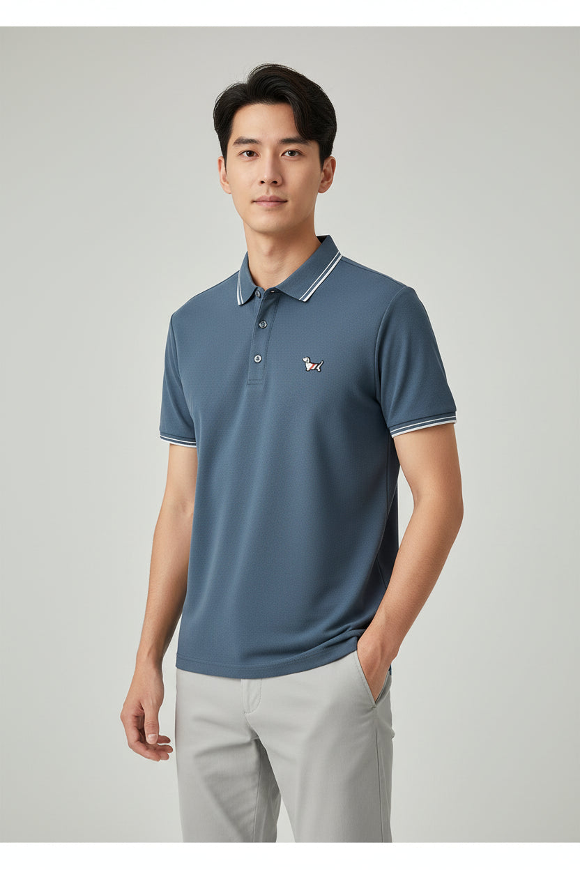 Blue polo shirt with 'BOOS' logo on a rack of other shirts