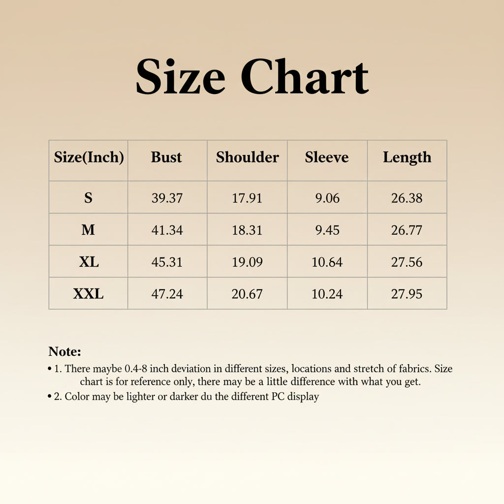 Size chart with measurements against a blue sky background