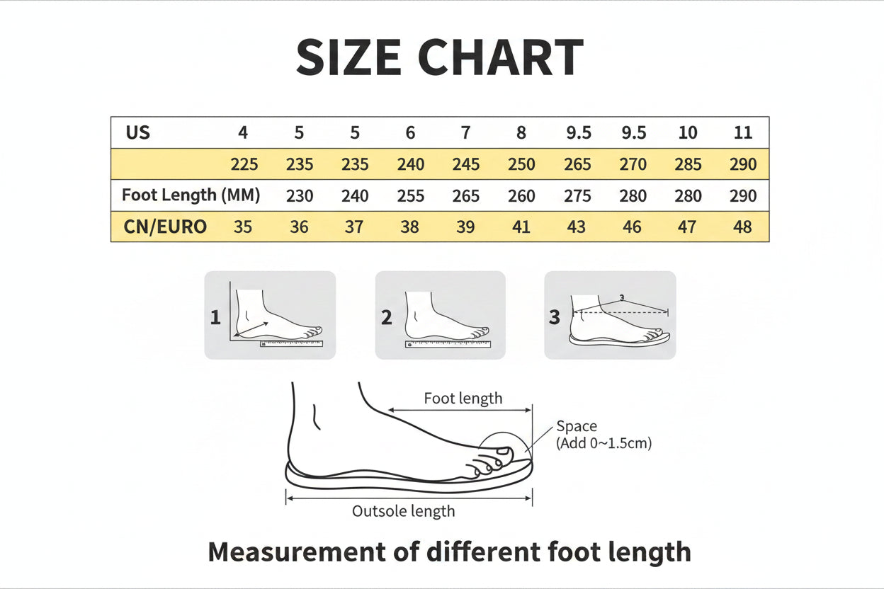 Shoe size chart with foot measurement guide and size table
