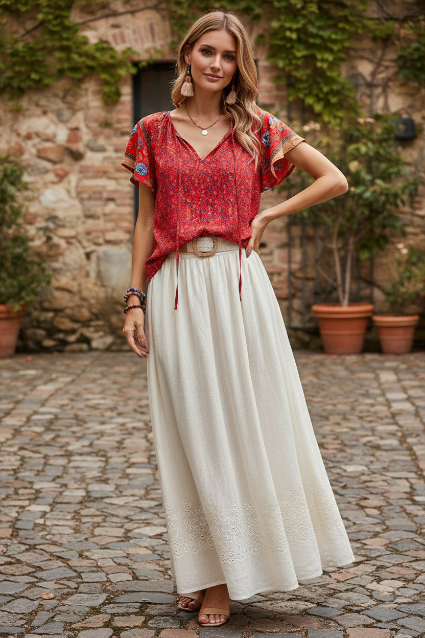 Person wearing a red patterned blouse and denim shorts against a neutral background