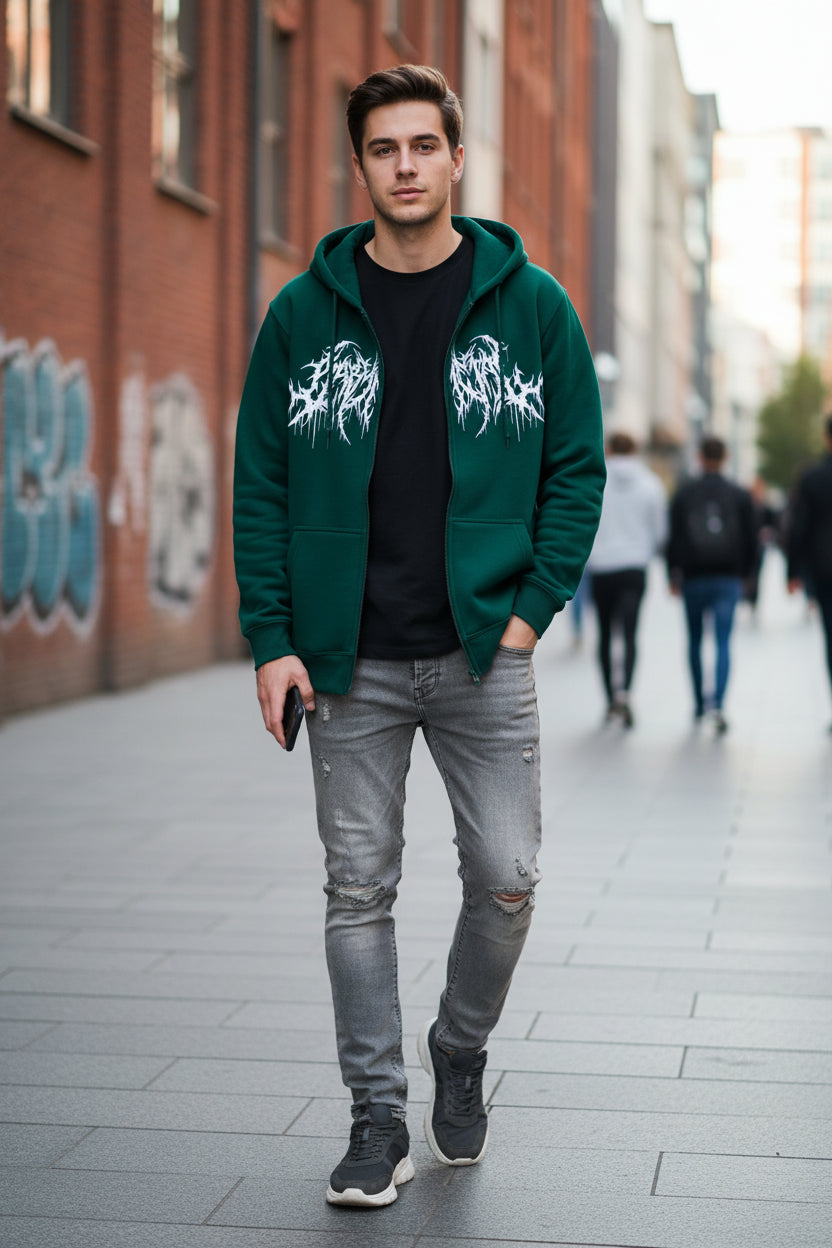 Green hoodie with white graphic design on a white background