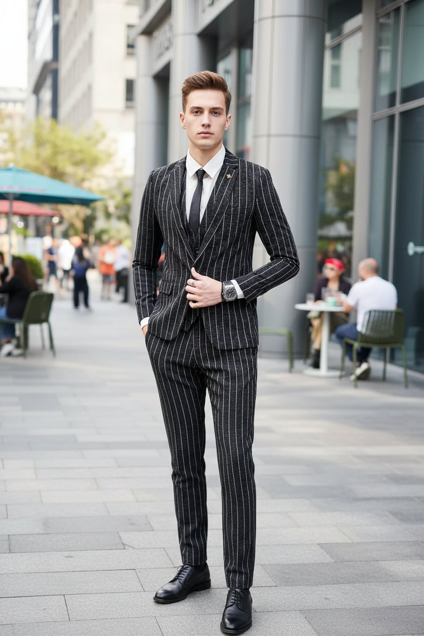 Man wearing a pinstripe suit with text on a black background