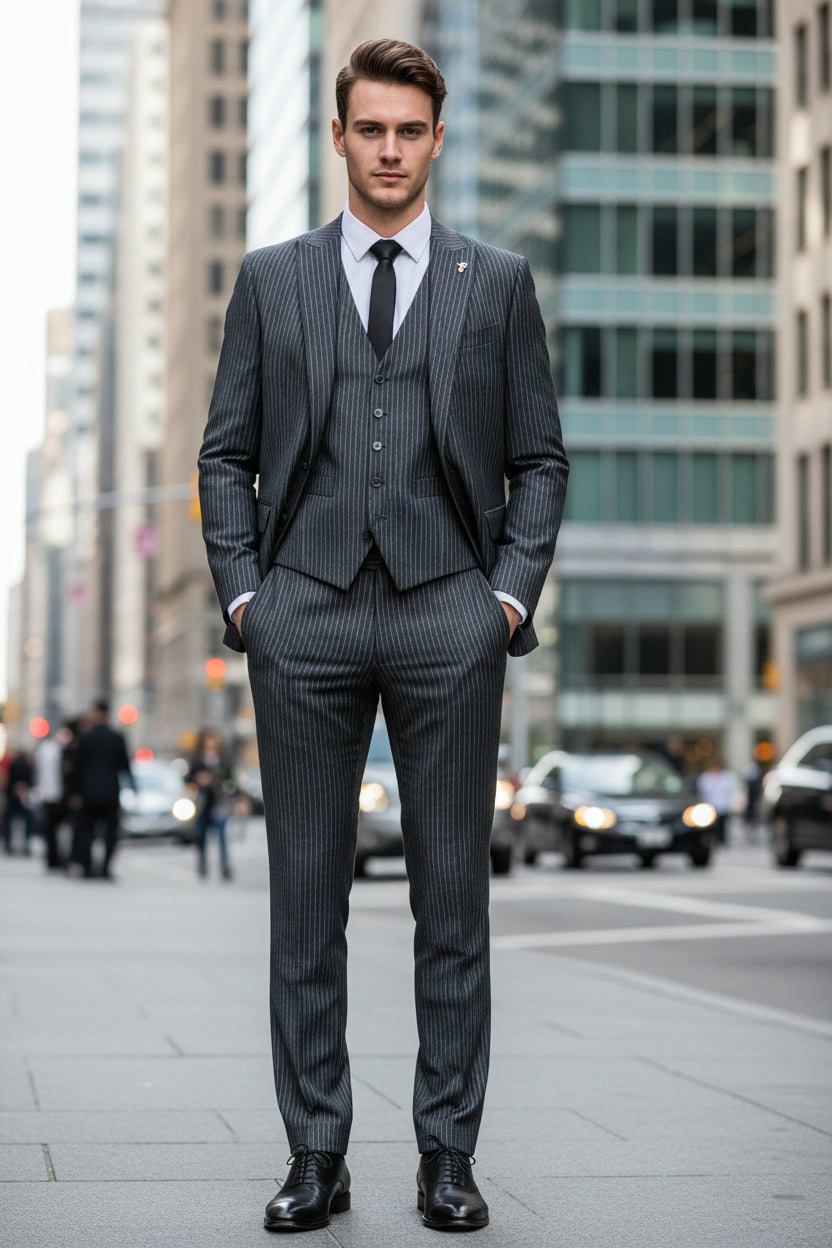 Man wearing a pinstripe suit with text on a black background