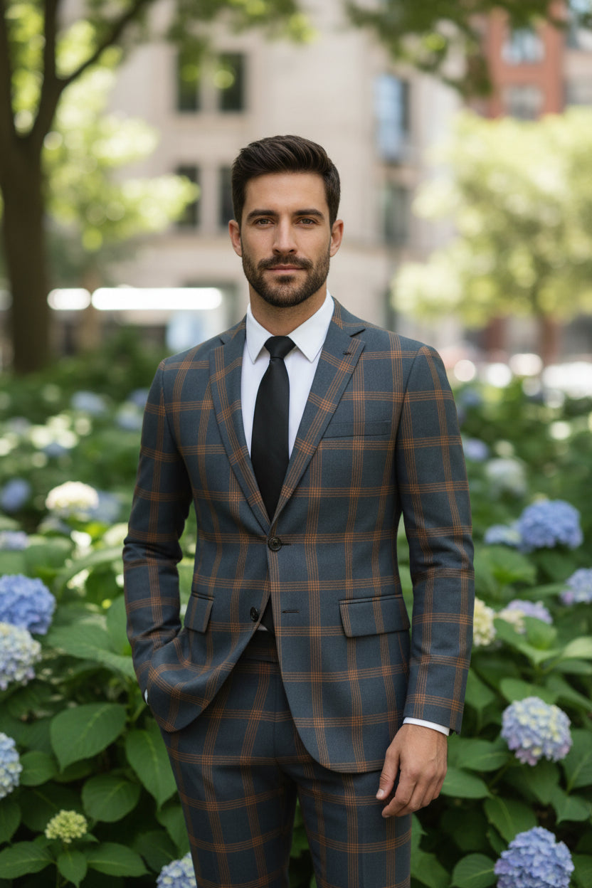 Man wearing a plaid suit with a blurred background