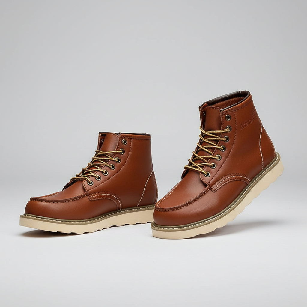 Brown leather boots worn with blue jeans on a rustic background