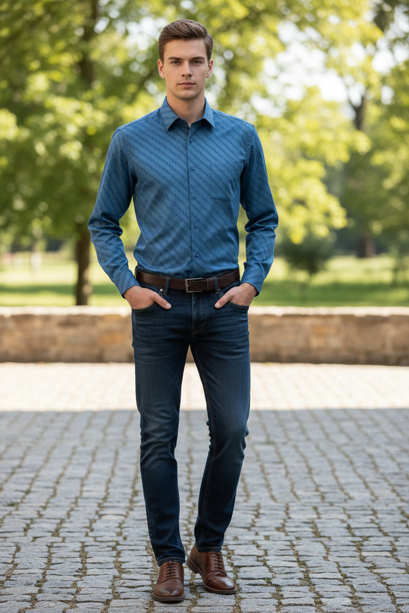 Folded blue patterned shirt on a white background