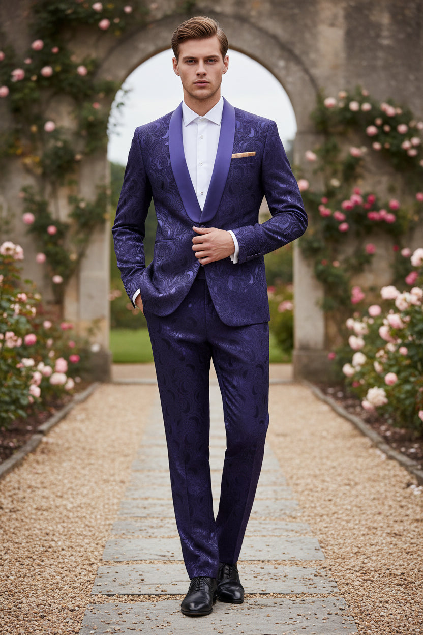 Blue patterned suit jacket and pants on a white background