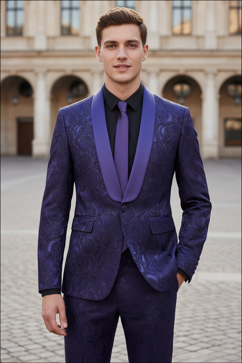 Blue patterned suit jacket and pants on a white background