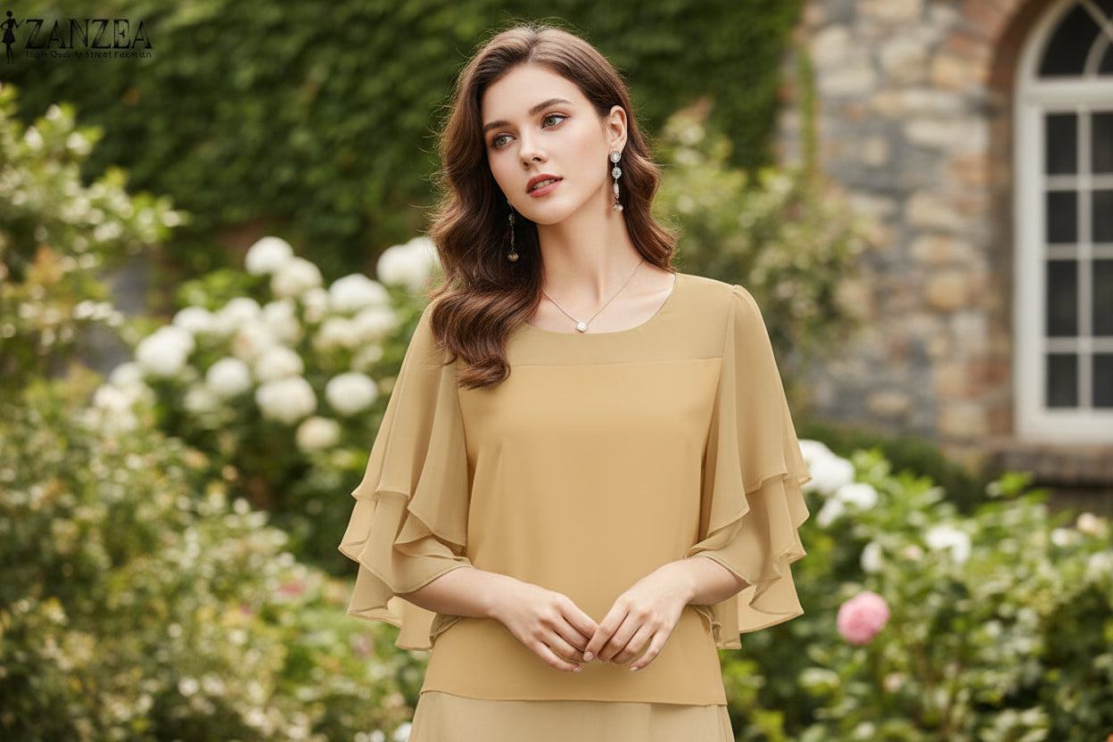 Chiffon Blouse for Women - Solid Color Tunic with 3/4 Sleeves, Ruffled Design