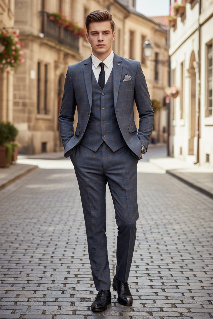 Person wearing a blue checkered suit standing in a cafe.