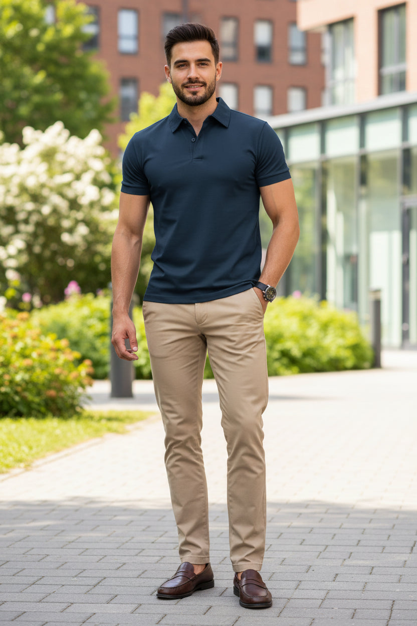 Man wearing a dark blue polo shirt and beige pants on a white background