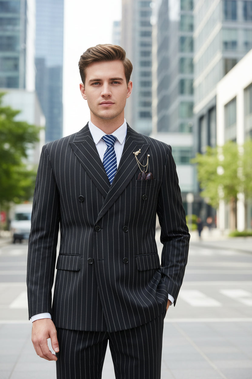 Black pinstripe suit with a blue tie on a mannequin against a gray background