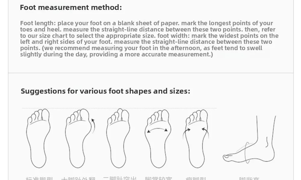 Instructions for measuring foot length and width with illustrations of foot shapes and sizes.