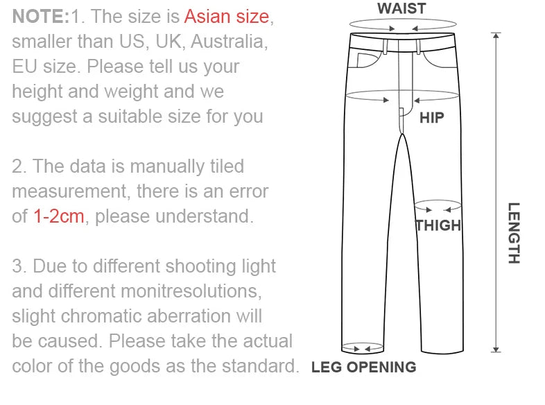 Measurement chart for pants with labeled parts and text on sizing notes.