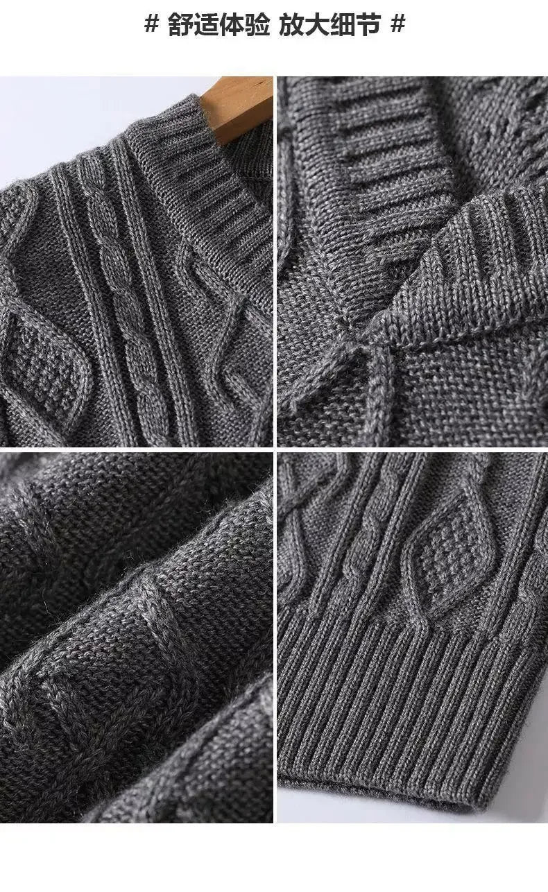 2024 New Autumn and Winter High-end Pullover Chicken Heart Neck Jacquard Long Sleeved Casual Loose and Thickened Men's Sweater