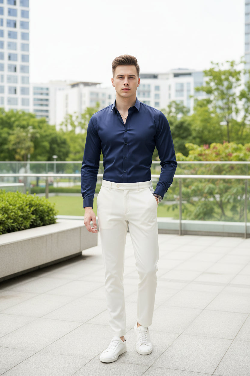 Person wearing a navy blue shirt with white pants in an indoor setting