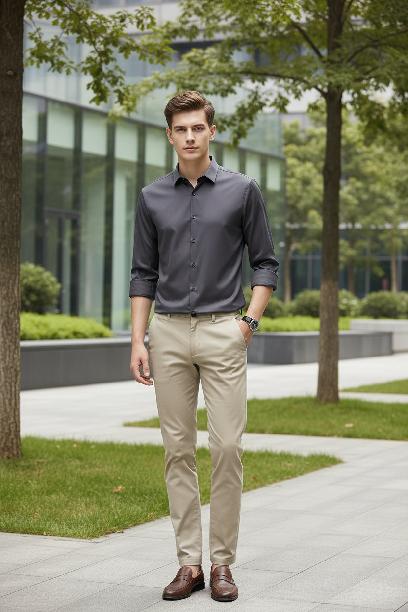 Person wearing a gray dress shirt with rolled-up sleeves against a black background
