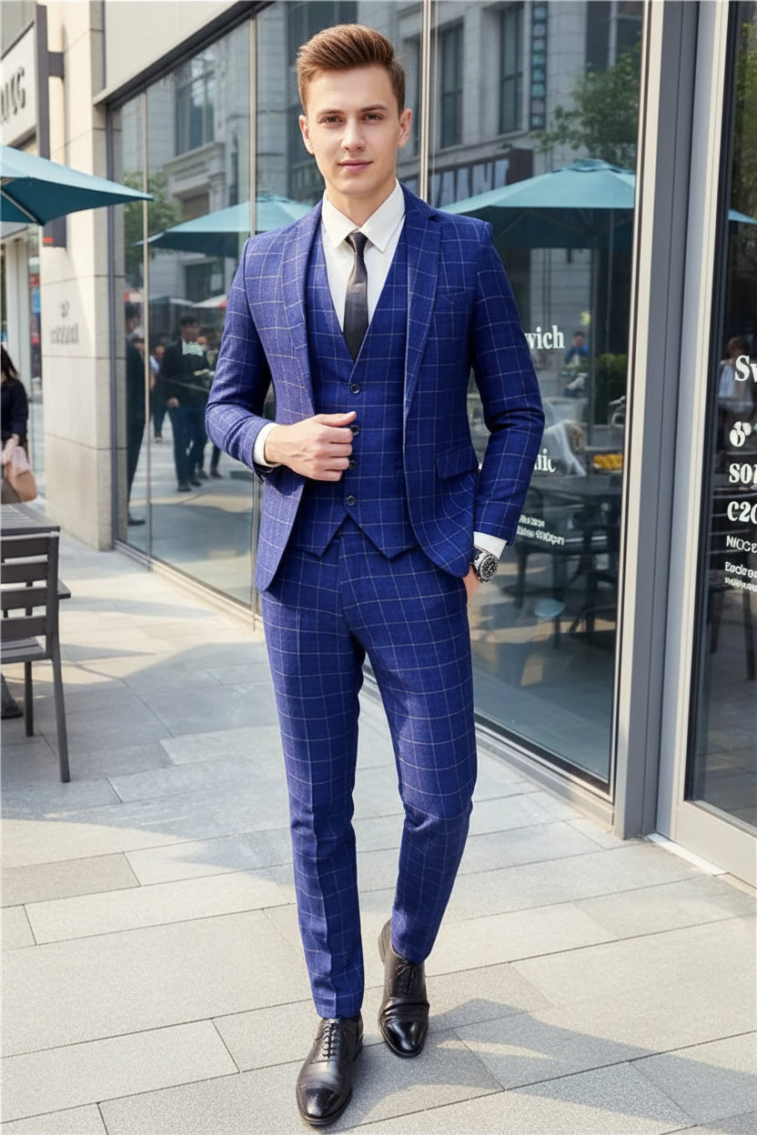 Blue checkered suit worn by a person in an urban setting