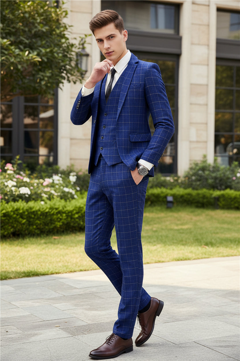 Blue checkered suit worn by a person in an urban setting