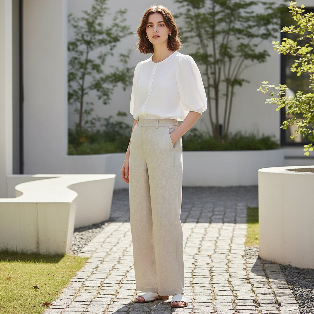 Satin Bubble Sleeve Casual Shirt for Women - Elegant Round Neck