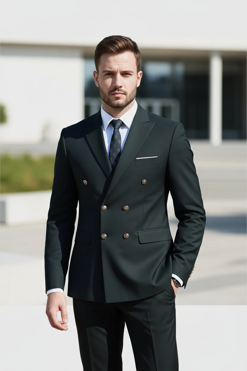 Dark gray suit with white shirt and patterned tie on a light gray background
