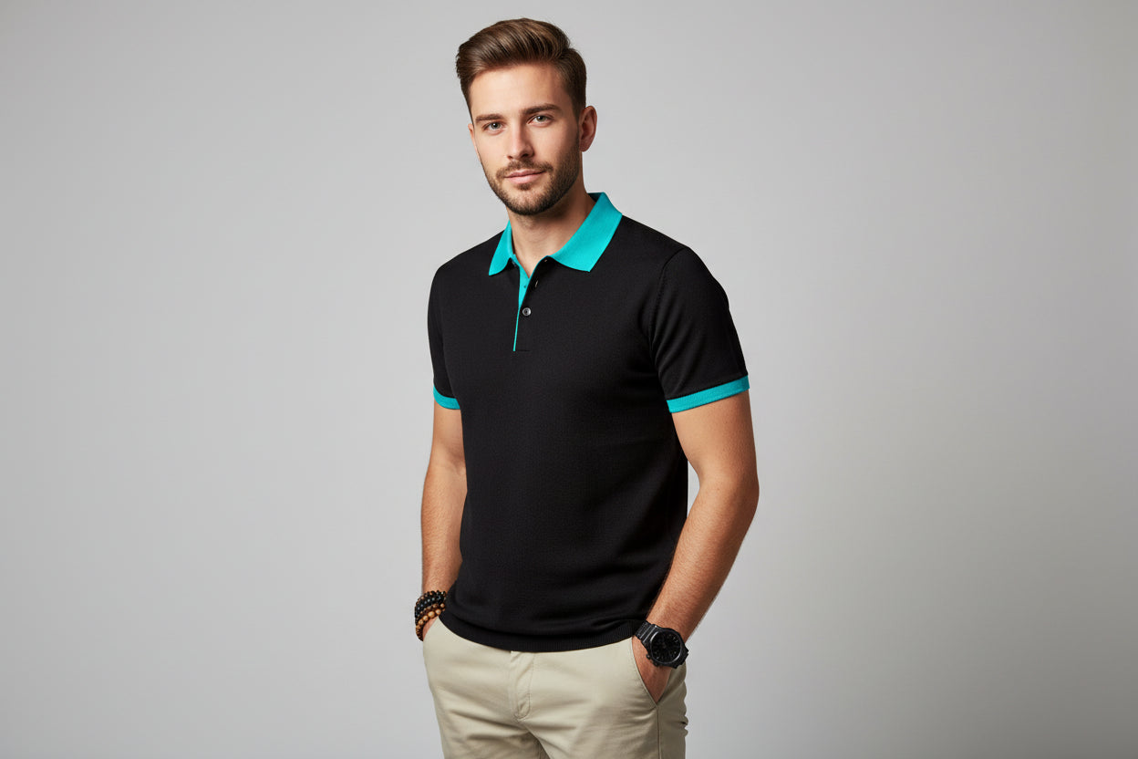 Man wearing a black polo shirt with blue accents on a white background