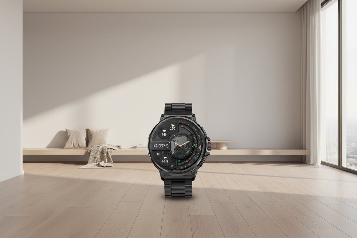 Smartwatch with black metal band on a white background, featuring AMOLED display and various functions.