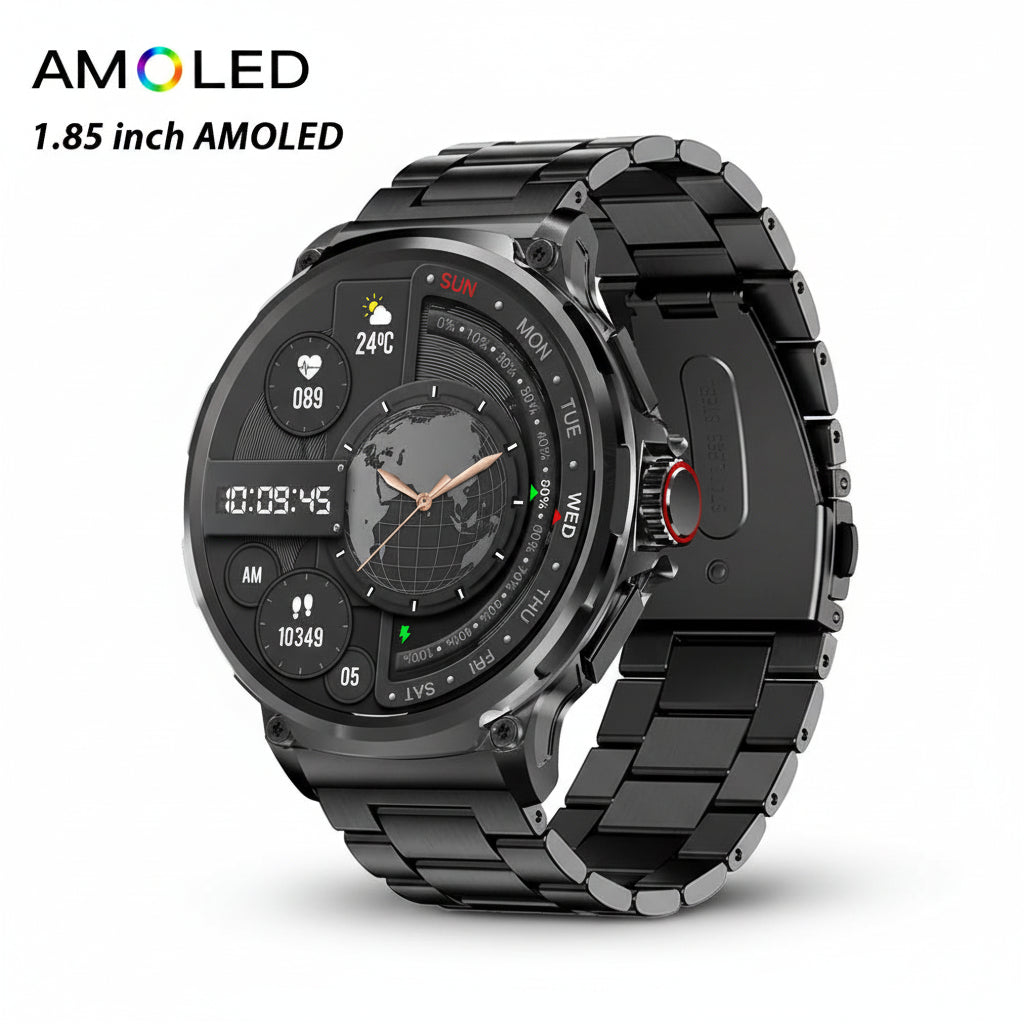 Smartwatch with black metal band on a white background, featuring AMOLED display and various functions.
